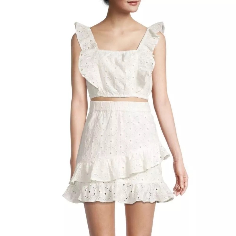 7 For All Mankind Skirt And crop Top Eyelet Ruffle Ivory Set Size Large NWT
